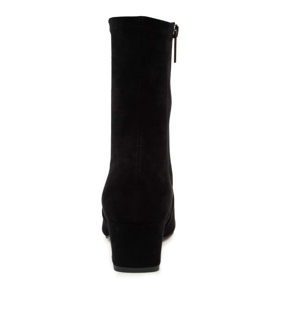 Rear View Women's Django & Juliette Boot in Black Stretch Microsuede Sku: DJ16655BLAFT