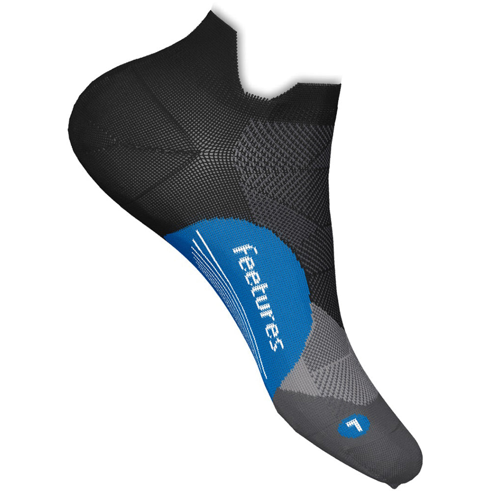 Quarter view Unisex Feetures Sock style name Elite Light Cushion No Show in color Tech Blue. Sku: E5023682