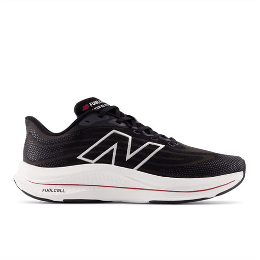 Quarter view Men's New Balance Footwear style name Fuel Cell Walker Elite 4E in color Black/ Team Red/ Silver. Sku: MWWKELB1-4E