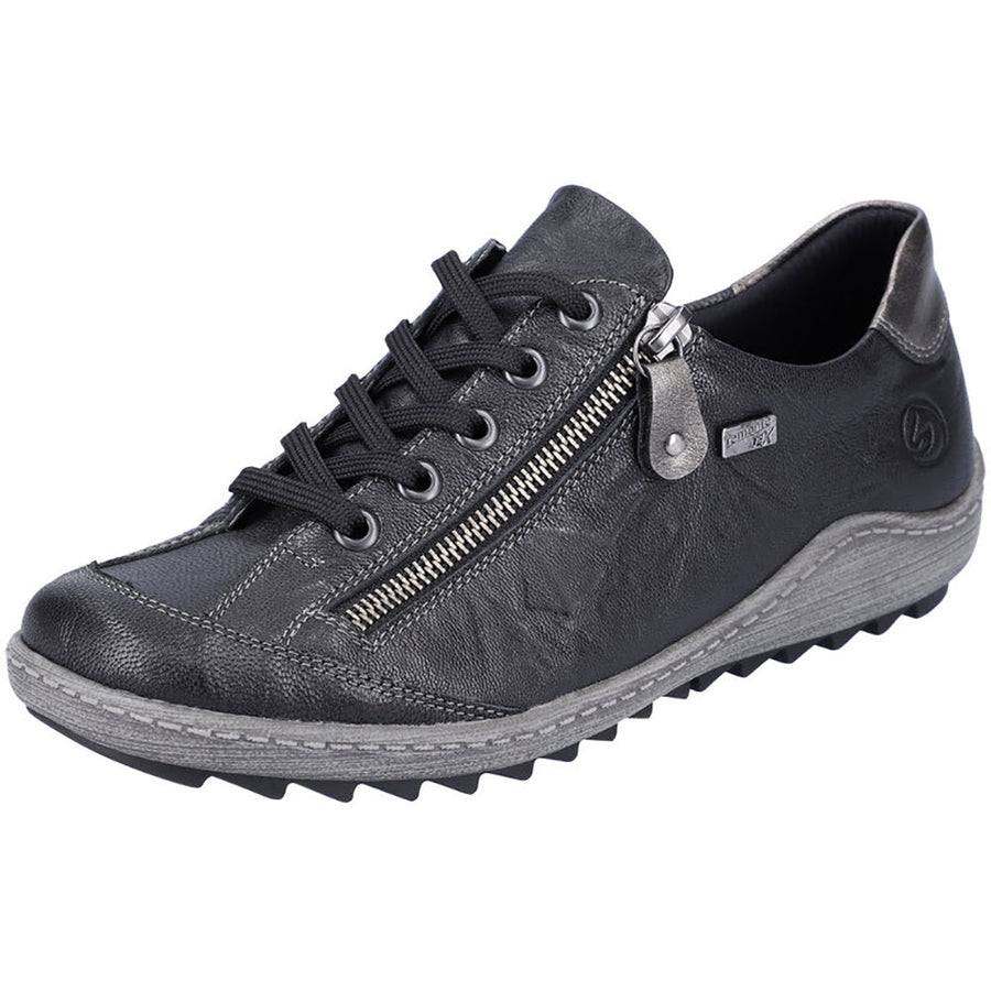 Quarter view Women's Remonte Footwear style name Liv 02 Low Lace in color Schwarz/ Altsilber/ Schwarz/ Otta. Sku: R1402-06