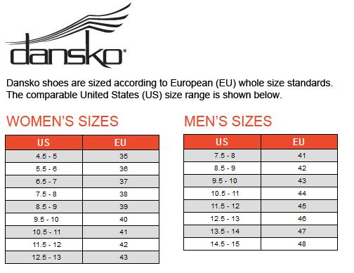 Dansko nursing shoes size chart on sale