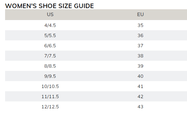 Ecco's women's US to EURO chart